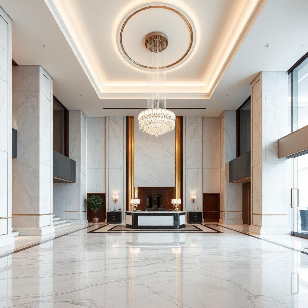 Luxury building lobby with marble floors