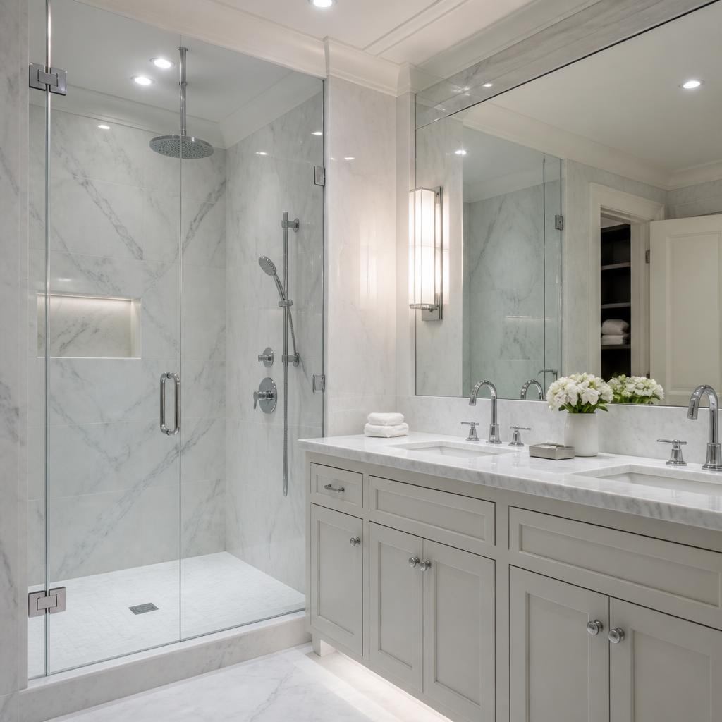 Post-construction cleaning of new marble bathroom